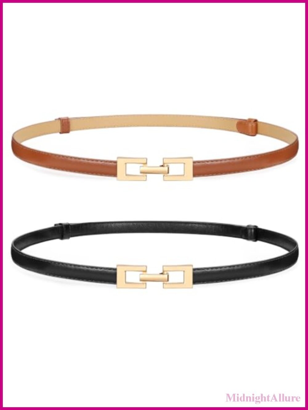 2 Pack PU Leather Skinny Waist Belt with Gold Buckle for Pants Jeans Dress